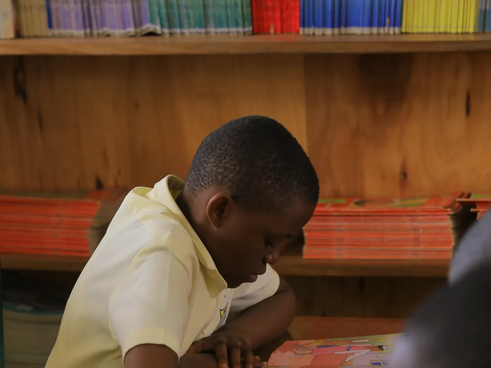 A pupil reading in the library